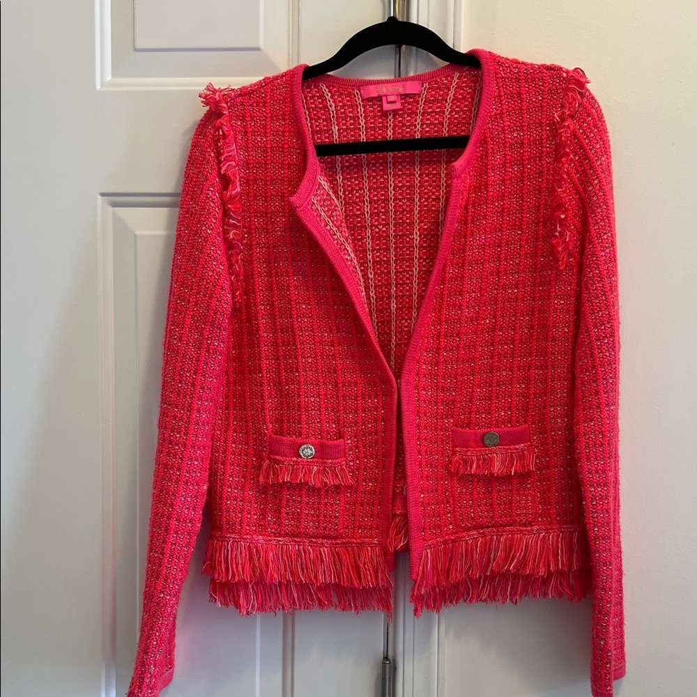 Lilly Pulitzer Vibrant Pink/coral Simora Fringe Cardigen Jacket M